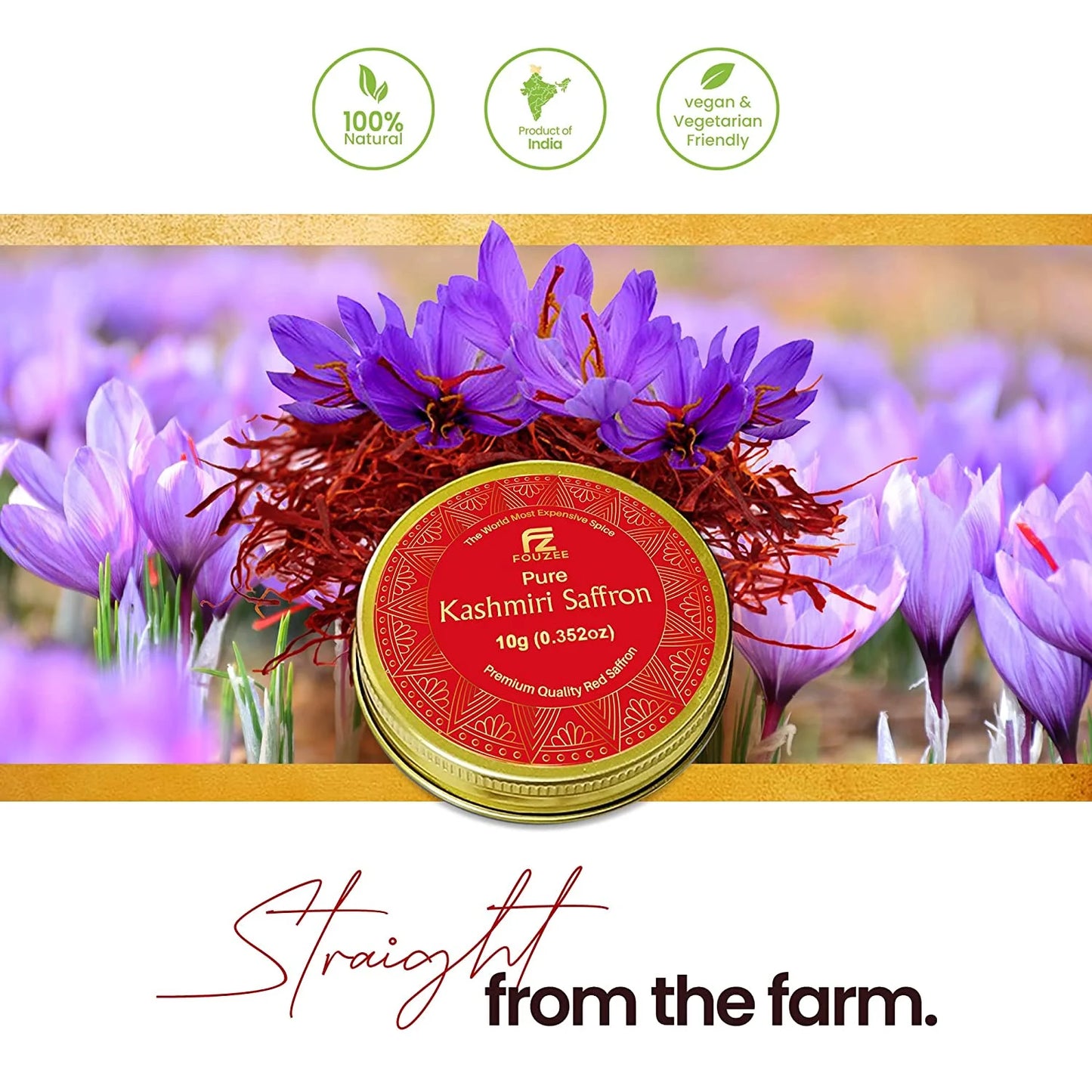 Pure Kashmiri Saffron Threads for Cooking, Spice, Spanish Foods. Finest Dark Red Saffron Delicious with Persian Rice, Tea, Golden Milk, Desserts, Rissoto Bulk Saffron Pack 10G
